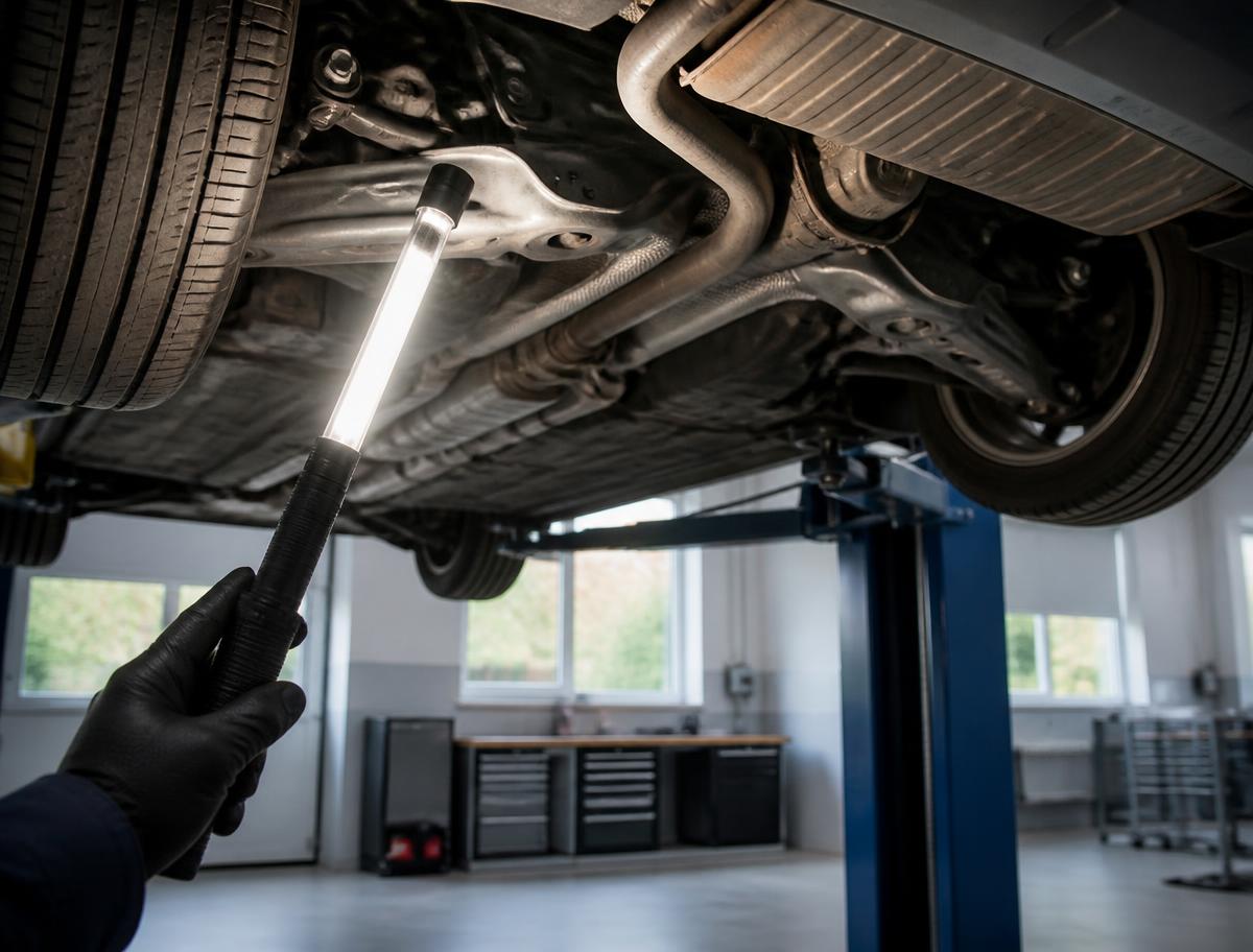Abgasuntersuchung an einem Fahrzeug in der Werkstatt